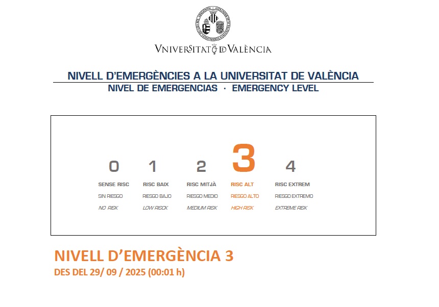 Nivel de emergencia 3 a la UV, a partir de las 00.01 horas del lunes 29 de septiembre de 2025. SUSPENSIÓN GENERAL DE LA ACTIVIDAD PRESENCIAL UNIVERSITARIA